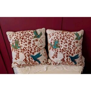 Set Of 2 Pier 1 EmbroideredHummingbird Tree Throw Pillows Gold Brown Red 17"